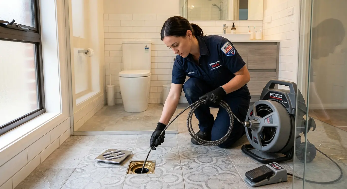 Technician clearing a bathroom floor drain for Clogged Drain Repair in Cottage Grove